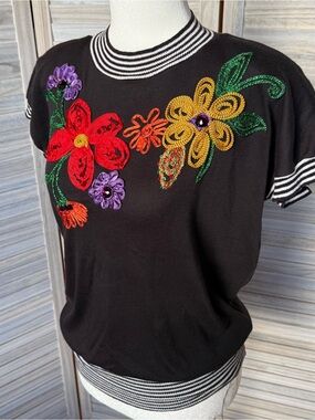 Vintage 1980's Statement Knit Top | Ribbon Embroidery & Gem Accents | Retro Glam
